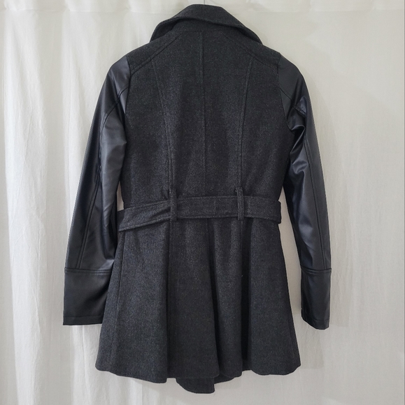 Yoki Black Wool Coat with Faux Leather Sleeves & Belted Waist Women's Size S - Picture 2 of 5